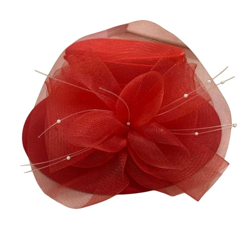 1960's vintage classic red fascinator hat with flower and pearl‎ details